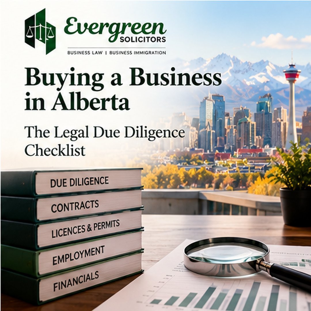 Legal due diligence checklist for buying a business in Alberta, including contracts, financial records and corporate documents.